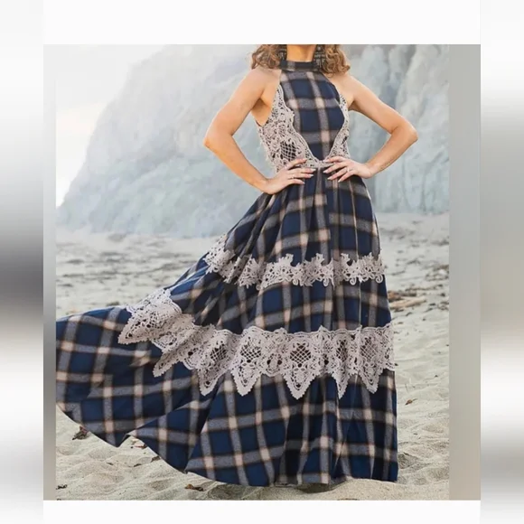 Joyfolie | Dresses | Plaid Halter Maxi Dress With Lace Accents Alondra |  Poshmark